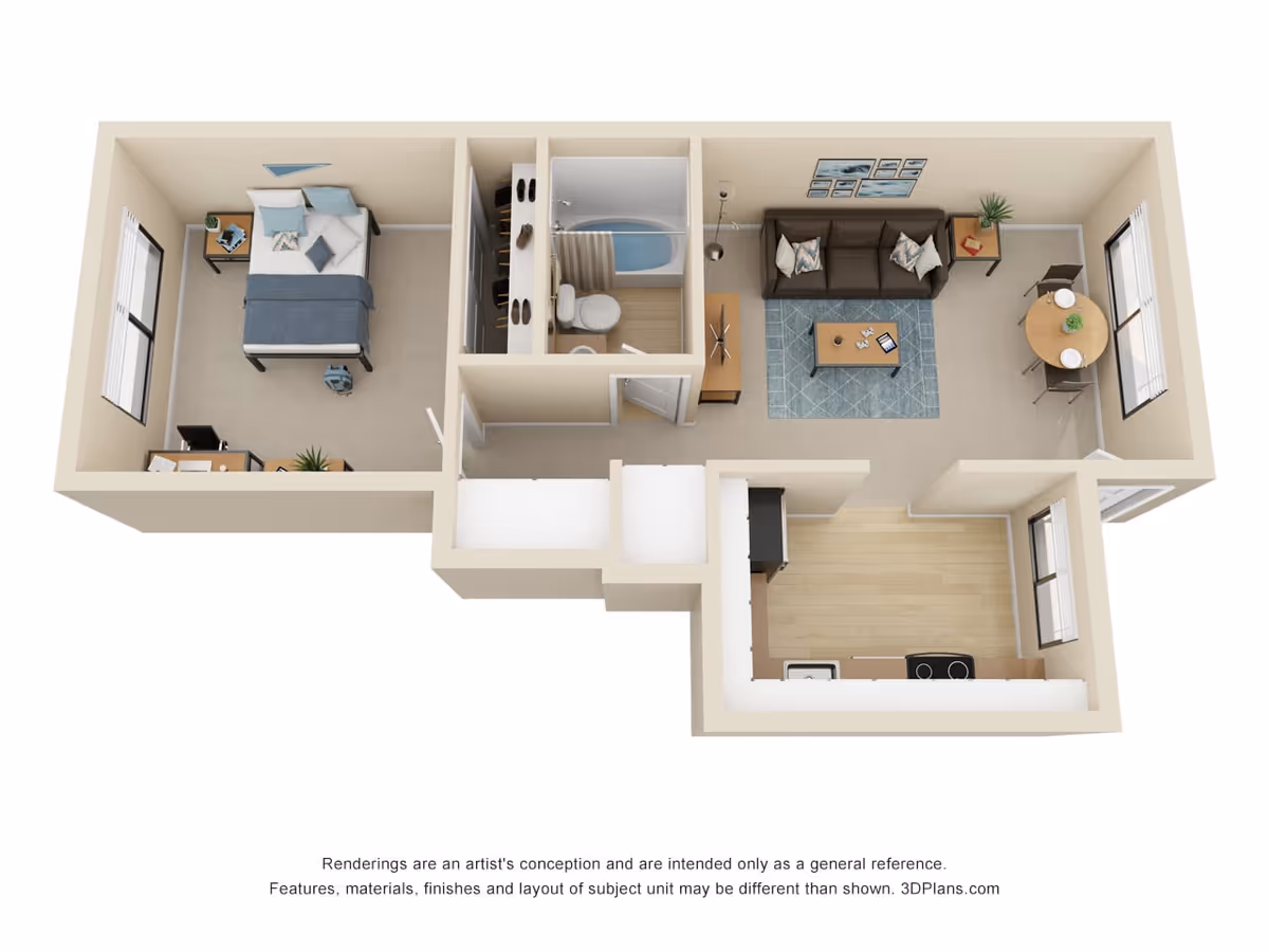 3D rendered one-bedroom apartment floor plan showing a bedroom, bathroom, living area with dining table, and a kitchen.