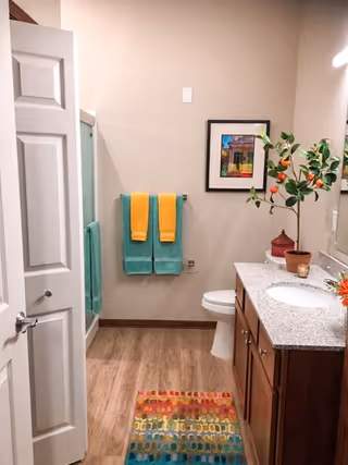 A clean and well-lit bathroom with a white door partially open. Inside, there is a wooden vanity with a granite countertop and a sink on the right side. A potted plant and decorative items are on the countertop. A toilet is next to the vanity. On the wall above the toilet, there is a framed colorful artwork. Two teal towels with yellow accents hang on a towel rack on the back wall. The floor has wood-like flooring with a colorful patterned rug in front of the vanity.