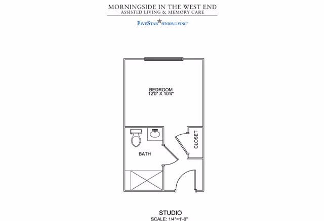 Floor plan of a studio apartment at Morningside in the West End showing a bedroom area measuring 12 feet by 10 feet 4 inches, a bathroom with a toilet, sink, and shower, and a closet near the entrance.