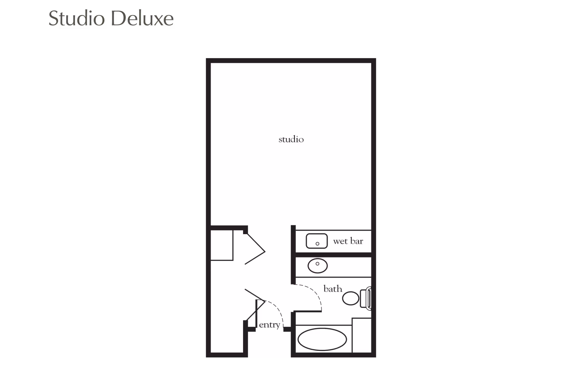 Floor plan layout of a Studio Deluxe apartment at Atria Tamalpais Creek, showing an entry area, a studio living space, a wet bar, and a bathroom with a bathtub and toilet.
