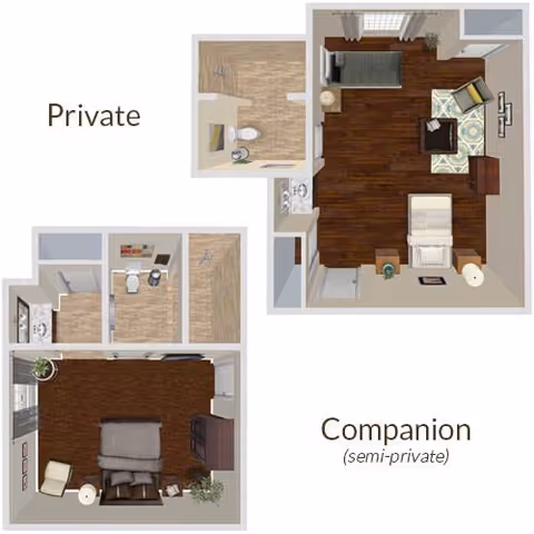 3D floor plan showing two types of rooms labeled Private and Companion (semi-private). The Private room includes a bedroom with a bed, chair, TV, and a private bathroom. The Companion room has a bedroom with two beds, a sitting area with chairs and a TV, and a semi-private bathroom.