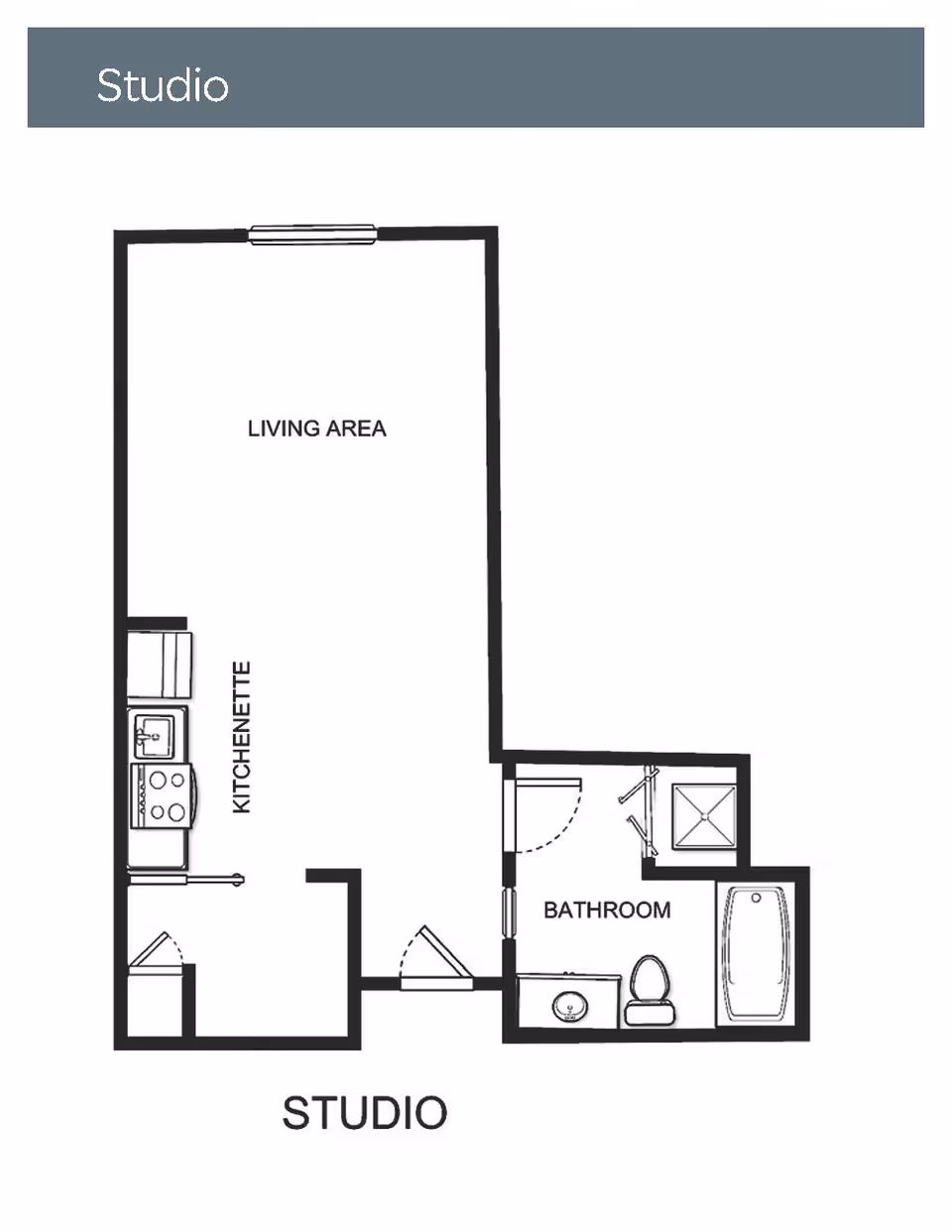 Floor plan of a studio apartment showing a living area, kitchenette, and bathroom with a bathtub, toilet, and sink.