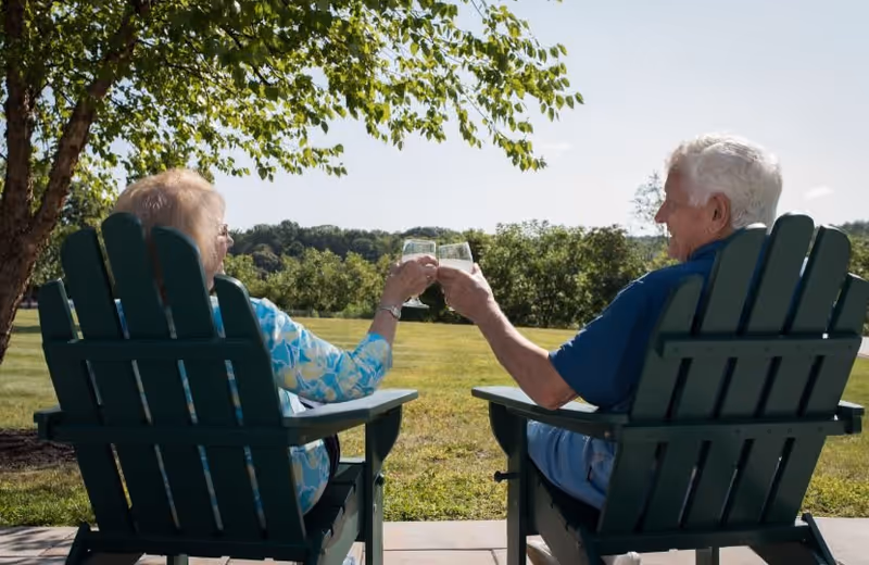 Two elderly people sitting outdoors on green Adirondack chairs, clinking glasses in a toast with a grassy field and trees in the background under a clear sky.
