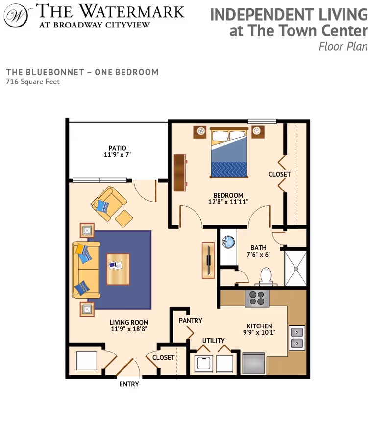 Floor plan of a one-bedroom independent living apartment named The Bluebonnet at The Town Center, showing a living room, bedroom, kitchen, bathroom, pantry, utility area, and closets with dimensions.