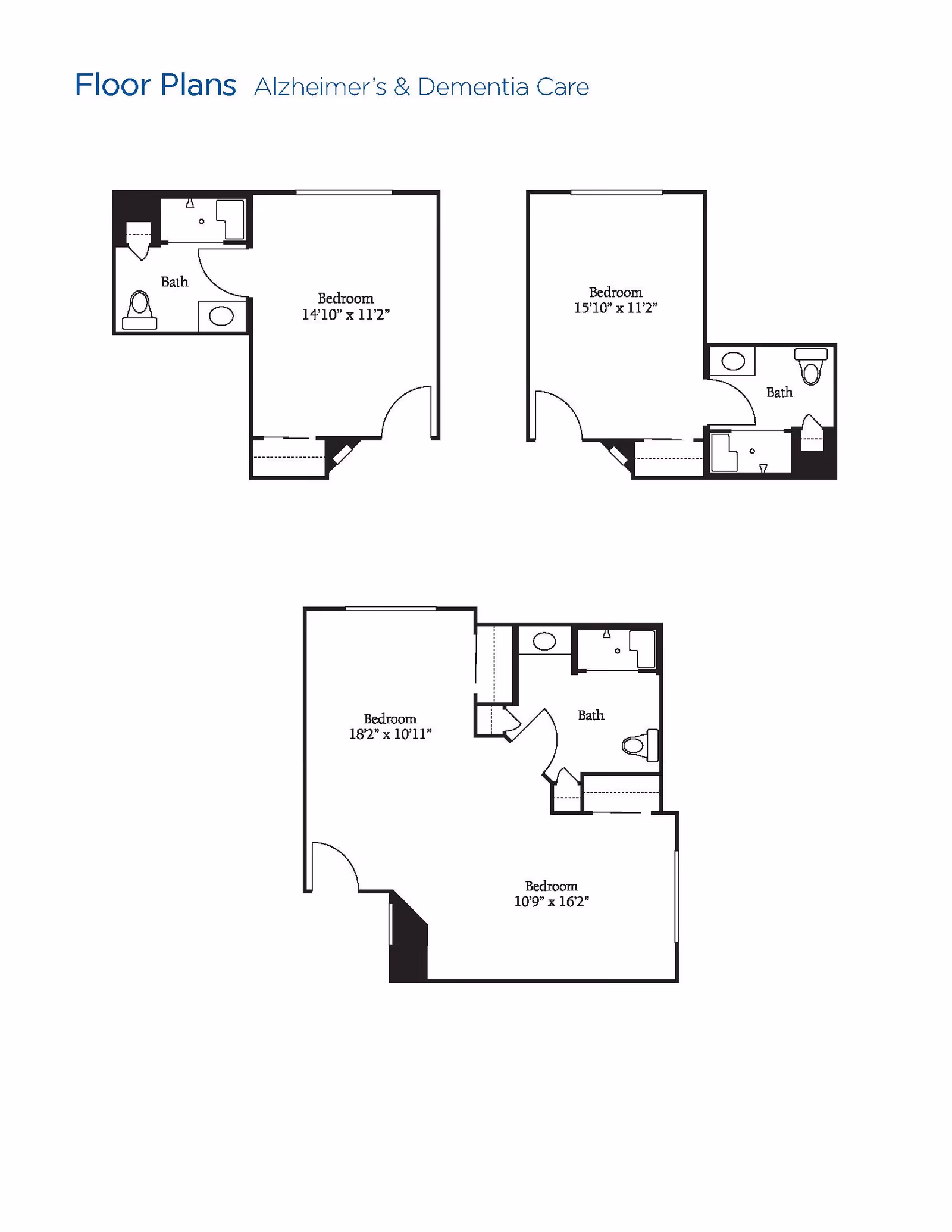 Floor plans for Alzheimer's and Dementia Care showing three different layouts with bedrooms and bathrooms, including dimensions for each room.