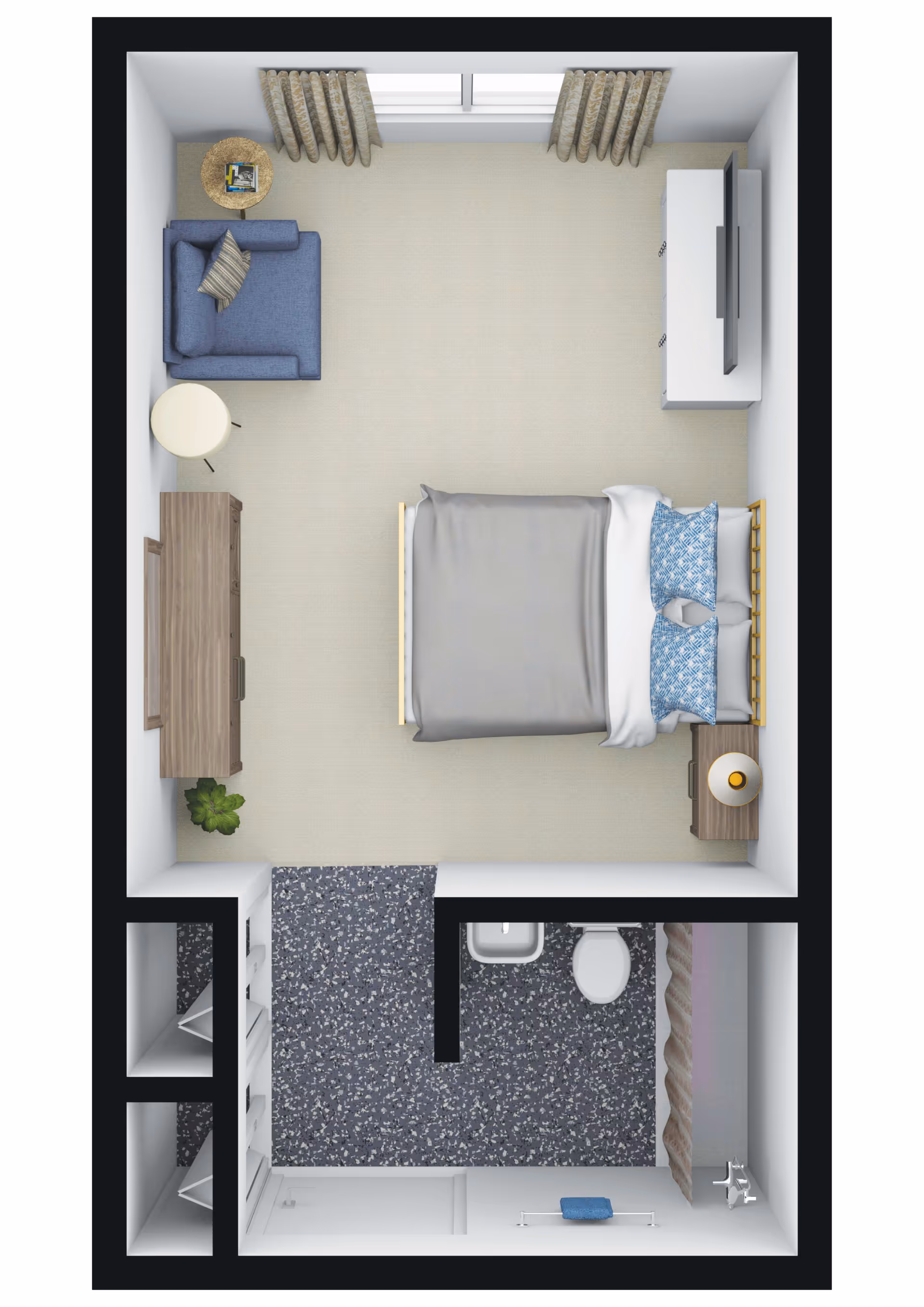 Top-down view of a small living space layout featuring a bedroom area with a bed, two blue pillows, a nightstand with a lamp, a dresser, a blue armchair with a side table, and a TV on a stand. Adjacent to the bedroom is a bathroom with a shower, sink, and toilet. There are also two closets near the bathroom.