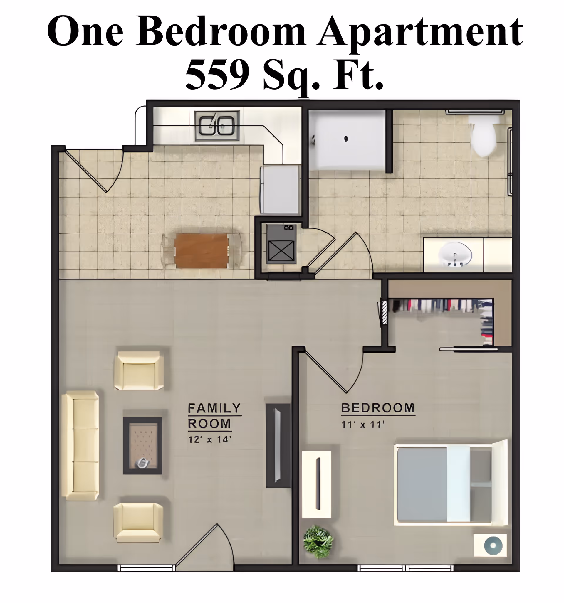 Top-down floor plan rendering of a one-bedroom, one-bath 559 sq ft apartment showing a family room, bedroom, kitchen and bathroom.