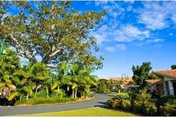 A sunny outdoor scene at a senior living facility with a paved road curving through landscaped greenery, including palm trees and bushes, under a bright blue sky with scattered clouds. Residential buildings with tiled roofs are visible on the right side.