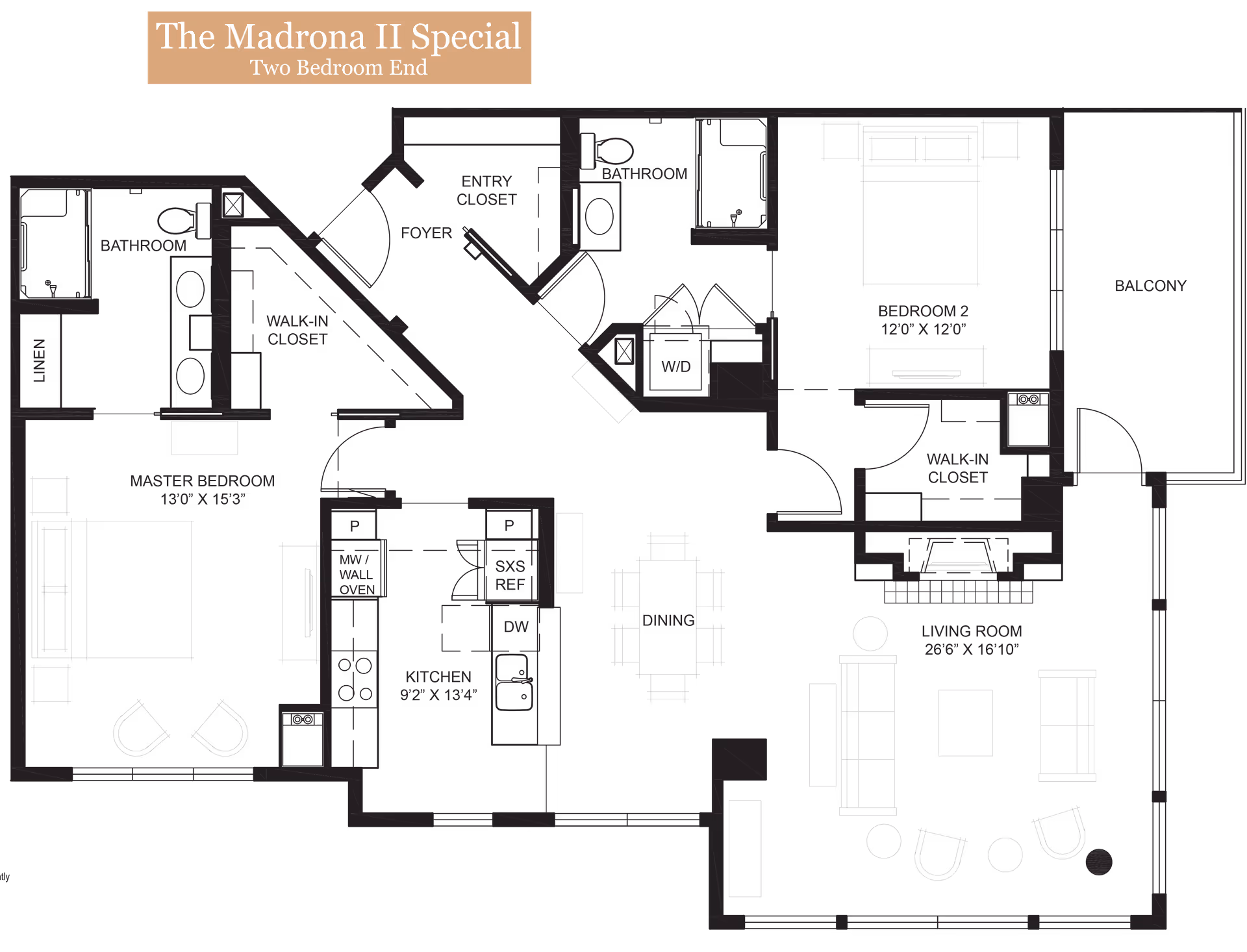 Black floor plan drawing titled 'The Madrona II Special Two Bedroom End' showing two bedrooms, kitchen, living and dining areas and a balcony.