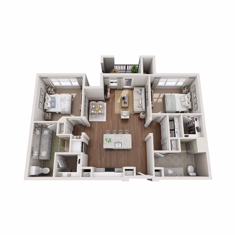 3D overhead floor plan of a two-bedroom, two-bath apartment with a central kitchen island, living and dining areas, and a small balcony.