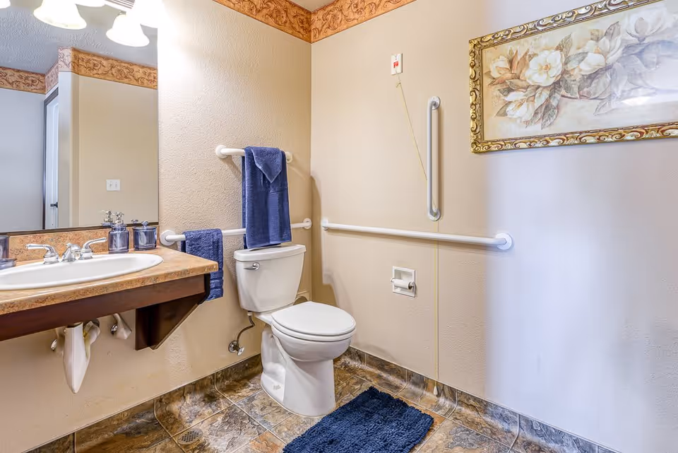 A bathroom with a white toilet, a sink with a brown countertop, and a large mirror above the sink. The walls are beige with a decorative border near the ceiling. There are blue towels hanging on white grab bars next to the toilet and sink. A floral framed picture hangs on the wall above the toilet. The floor has brown and beige tiles, and a blue rug is placed in front of the toilet.