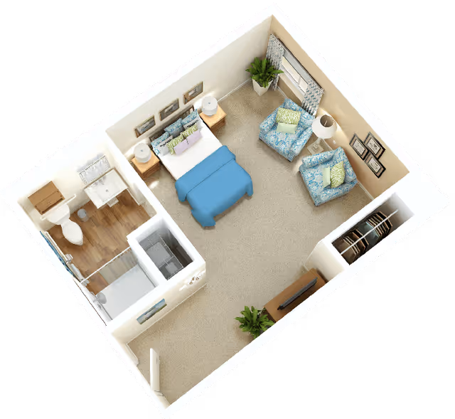 Rendered 3D floor plan of a studio apartment showing a bed, two armchairs, a TV stand, a closet, and an adjoining bathroom.