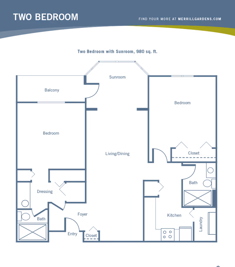 Floor plan of a two-bedroom apartment with a sunroom, balcony, living/dining area, kitchen, laundry, two bathrooms, closets, dressing area, foyer, and entry. The total area is 980 square feet.