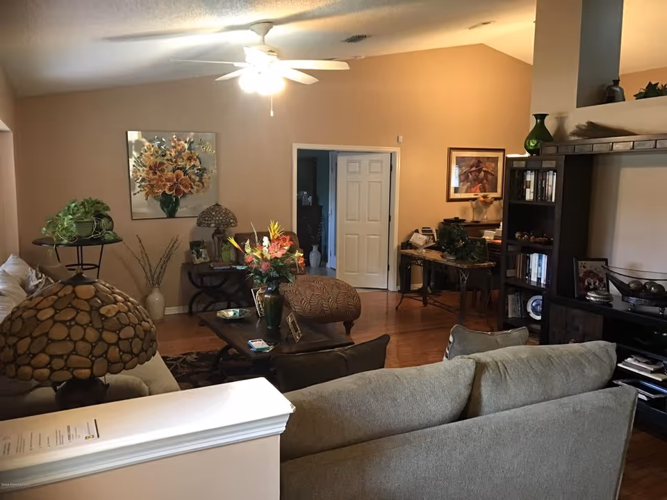 Cozy living room with sofas, a coffee table, decorative lamps and plants, a bookshelf, and wall art under a ceiling fan.