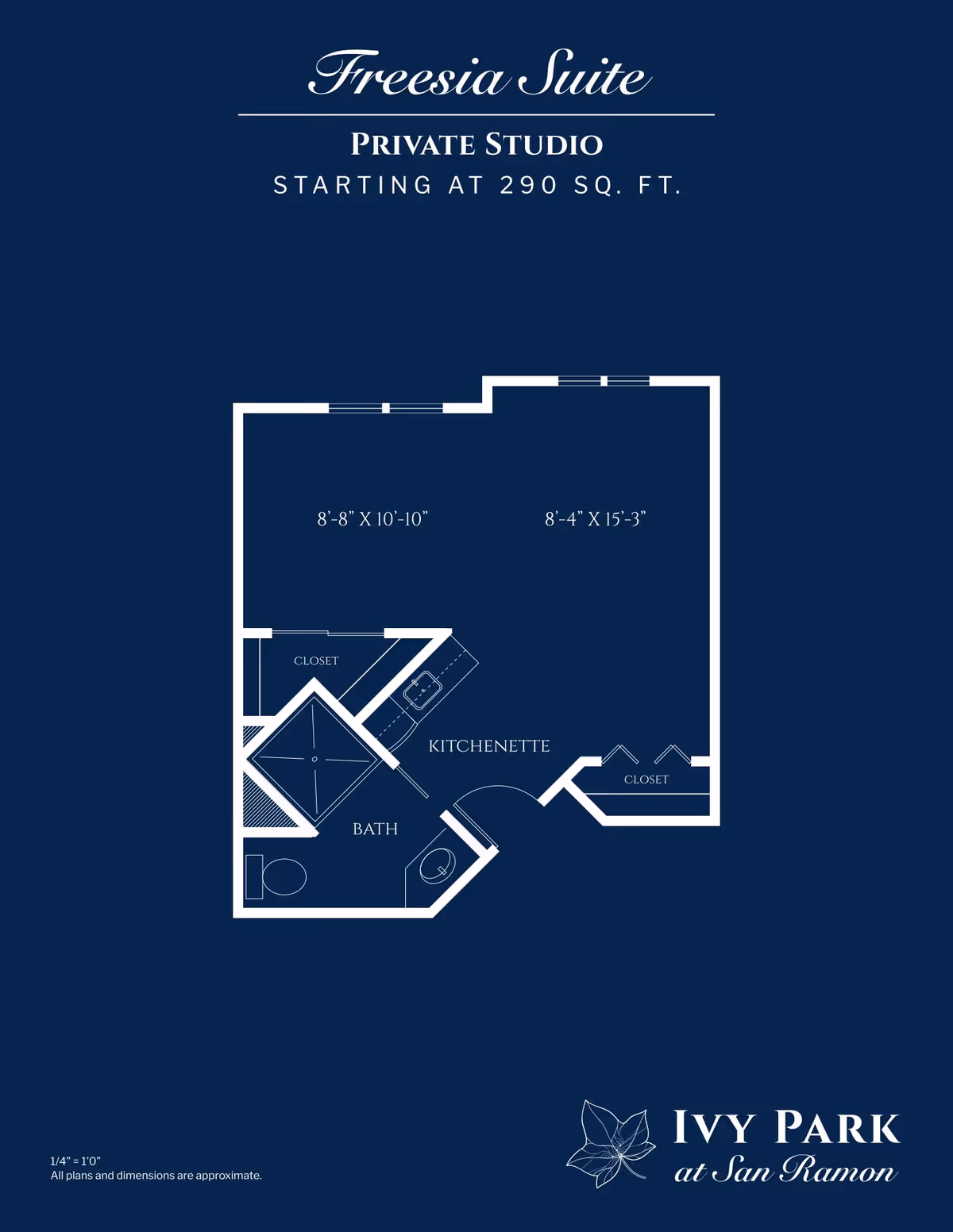 Floor plan of the Freesia Suite private studio at Ivy Park at San Ramon, showing a layout with a kitchenette, bath, two closets, and dimensions of the main areas.