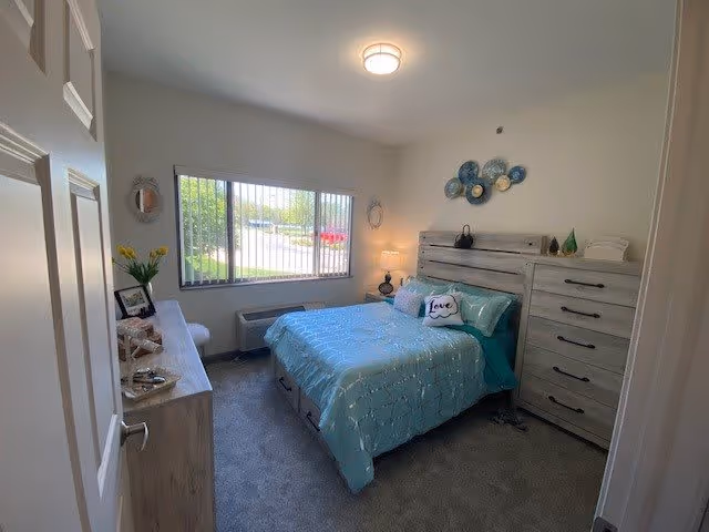 A cozy bedroom with a large window letting in natural light. The room features a bed with light blue bedding and decorative pillows, a wooden dresser with a lamp and decor items, and a tall chest of drawers. The walls are light-colored, and there is a circular wall art piece above the bed. The floor is carpeted in gray.