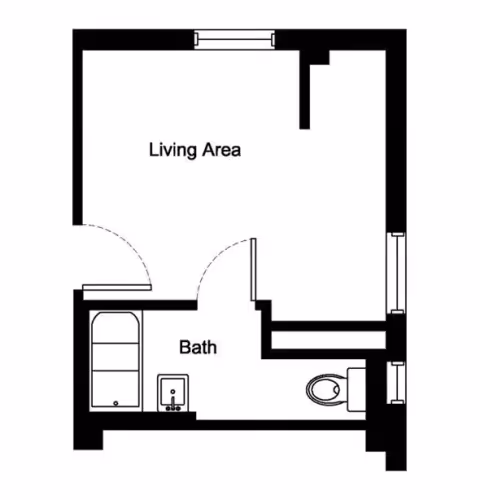 Black and white floor plan showing a living area and a bathroom with a bathtub, sink, and toilet.