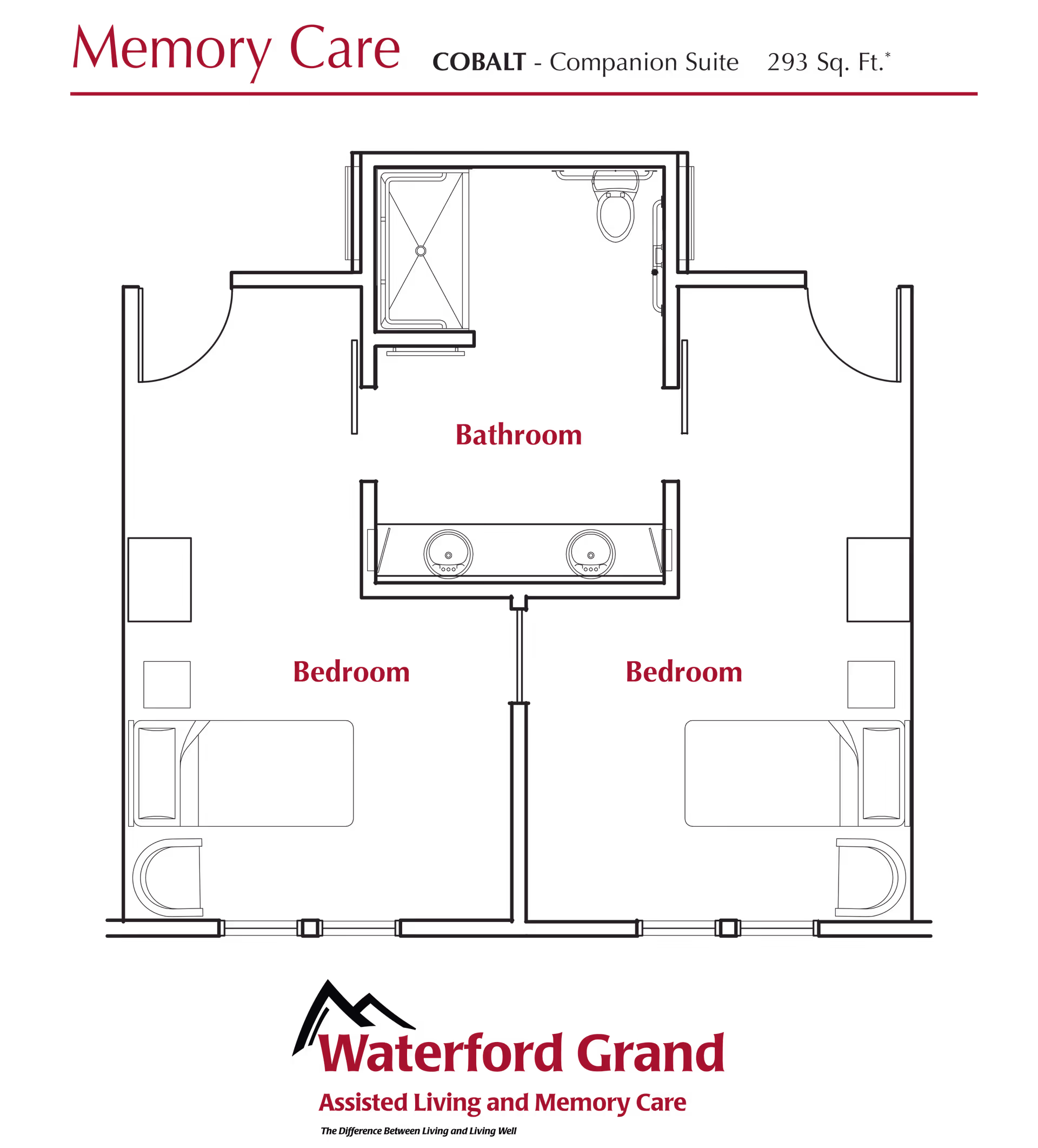 Architectural floor plan of a Memory Care Cobalt Companion Suite at Waterford Grand showing two bedrooms and a shared bathroom in the center.