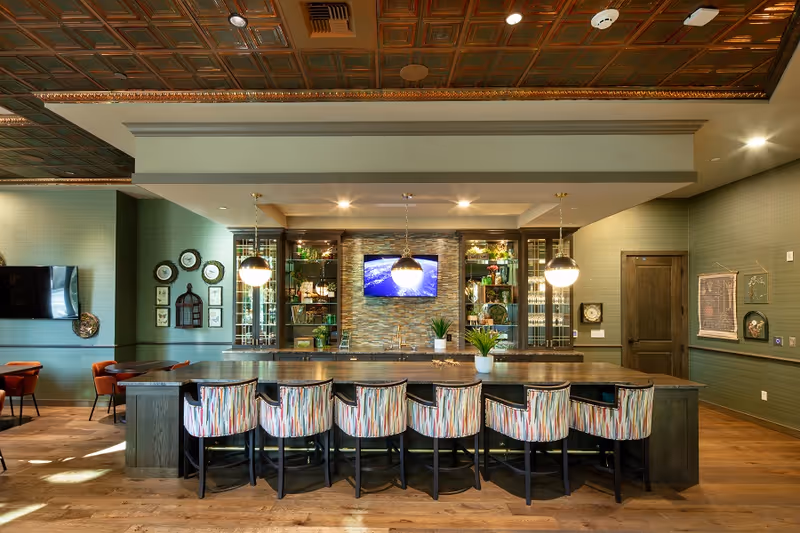 A stylish and modern common area with a long wooden counter and seven colorful patterned chairs. Behind the counter is a wall with decorative shelves, plants, and a mounted flat-screen TV. Three pendant lights hang above the counter. The room features wooden flooring, a decorative ceiling, and green walls with framed artwork and a door on the right side.