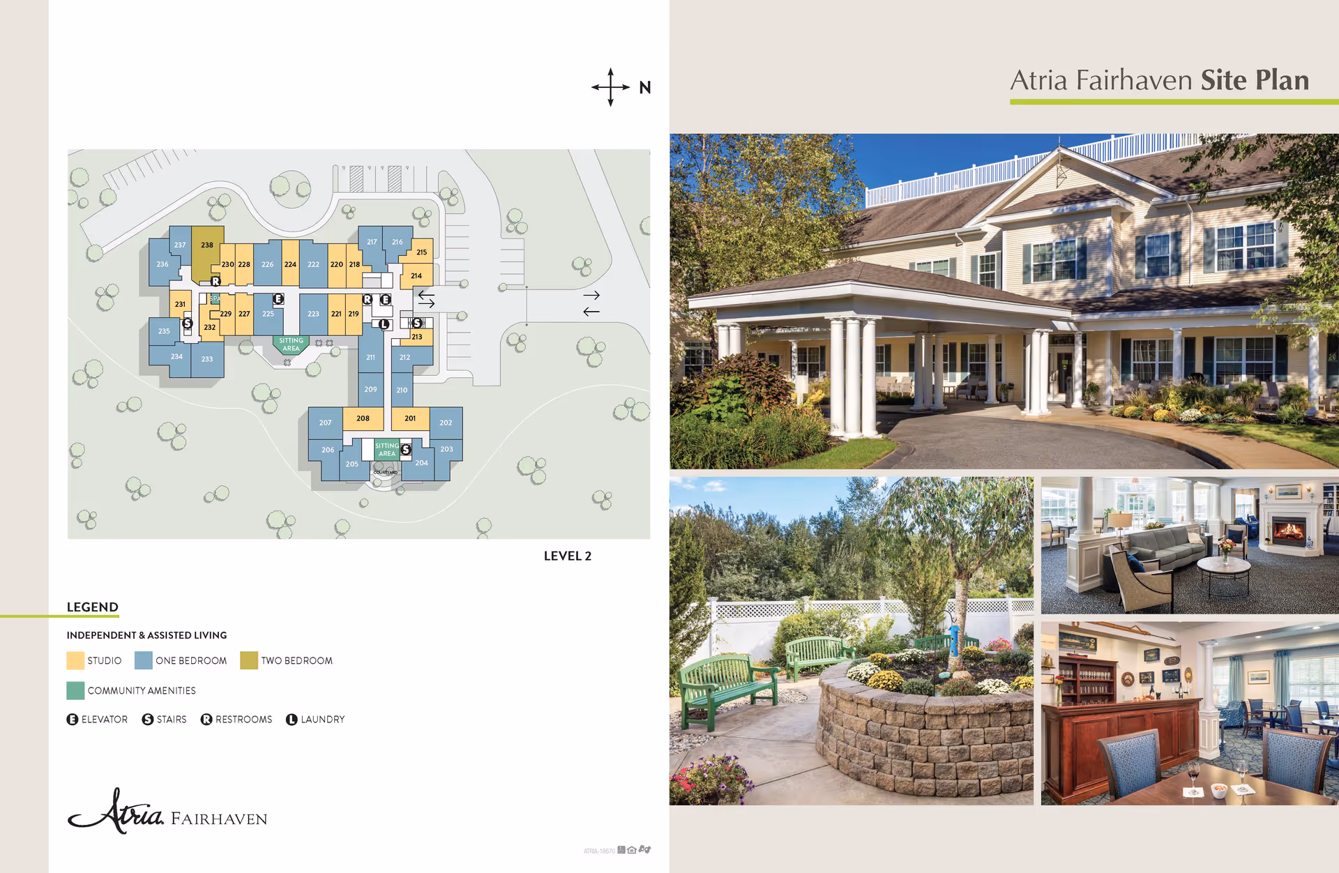Atria Fairhaven site plan showing the layout of level 2 with color-coded units for studio, one-bedroom, and two-bedroom apartments, along with community amenities, elevators, stairs, restrooms, and laundry. Accompanying photos include the front exterior of the building with a covered entrance, a landscaped outdoor garden area with benches, a common living room area with seating and a fireplace, and a dining area with tables and chairs.