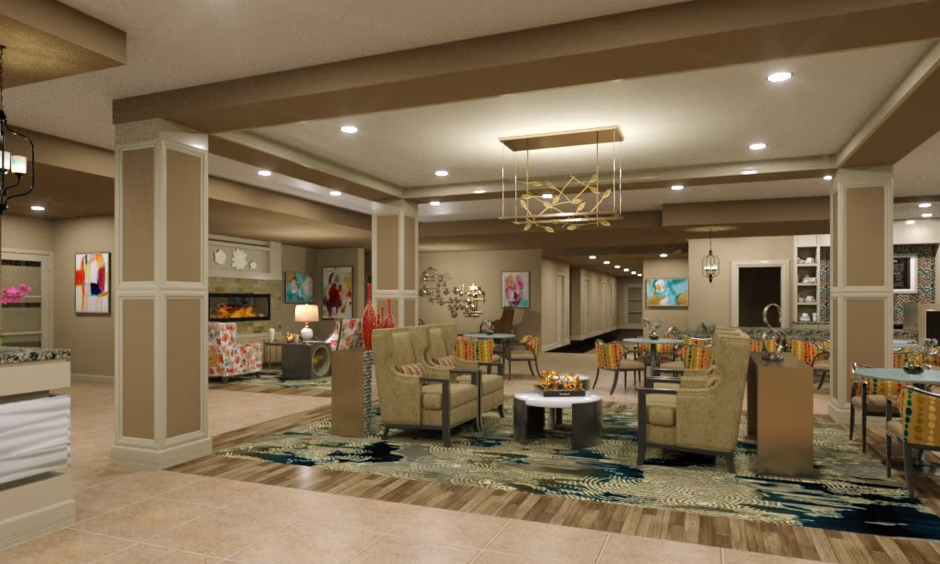 Spacious furnished senior living common area with seating groups, dining tables, decorative lighting, and artwork on the walls.