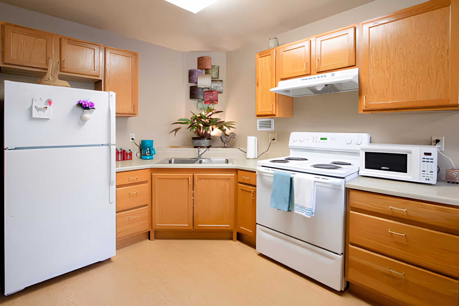 A clean kitchen with wooden cabinets, a white refrigerator with magnets, a white electric stove with two towels hanging on the handle, a white microwave on the countertop, a sink with a plant and decorative wall art above it.