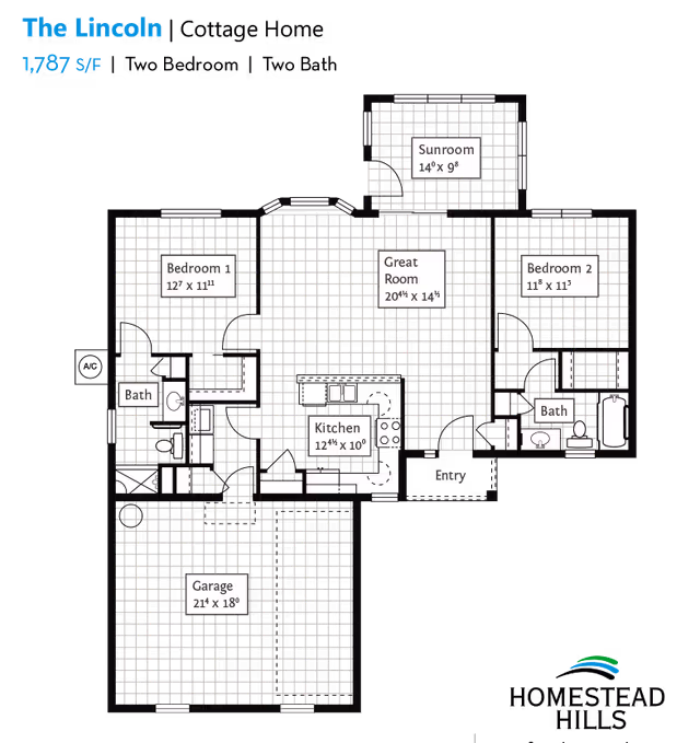 Floor plan of a residence named The Lincoln with 1,787 square feet. It includes two bedrooms, two bathrooms, a kitchen, a great room, a sunroom, an entry, and a garage. Dimensions for each room are provided.