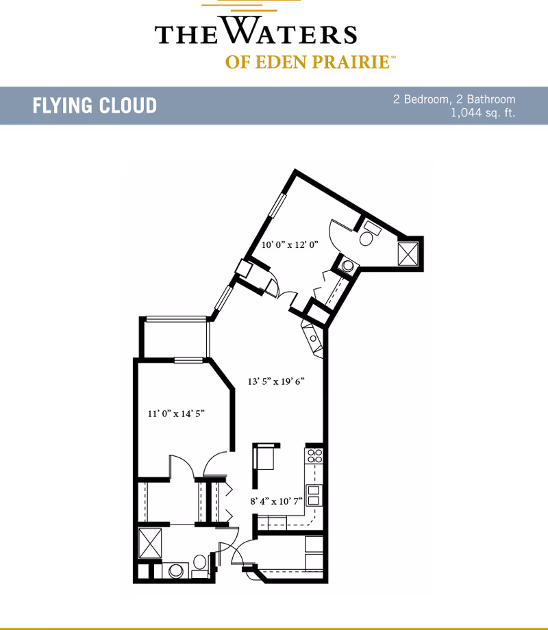 Black-and-white floor plan titled 'Flying Cloud' showing a two-bedroom, two-bathroom 1,044 sq. ft. apartment layout with labeled room dimensions.