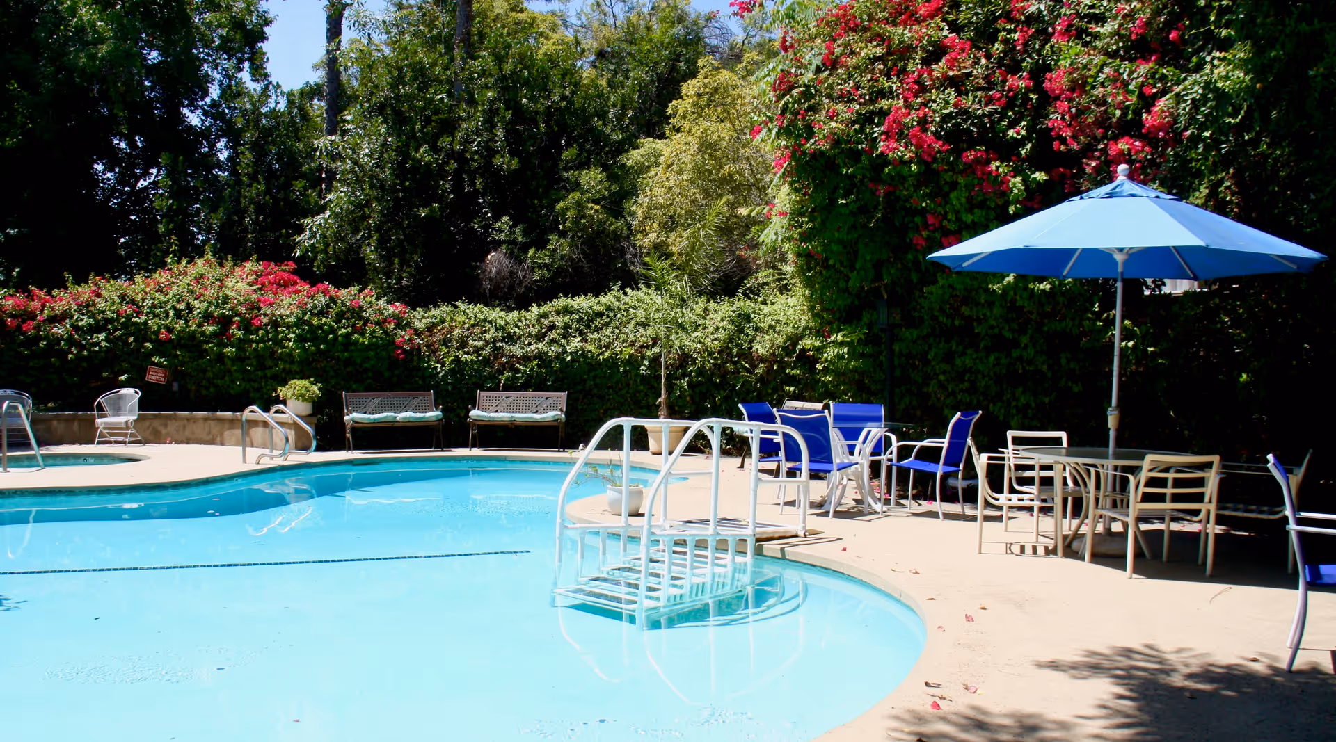Outdoor swimming pool area with clear blue water, surrounded by patio furniture including blue chairs, tables, and a blue umbrella. There are green bushes and trees with some red flowers in the background providing a lush, shaded environment.