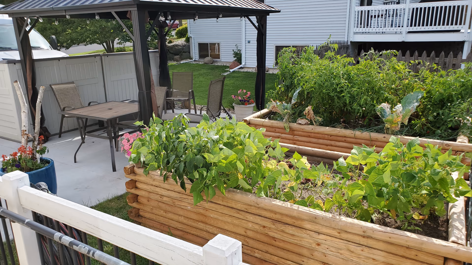 Outdoor garden area with raised wooden planter boxes filled with green plants and vegetables. There is a covered patio with a table and several chairs in the background, along with a white fence and residential buildings.