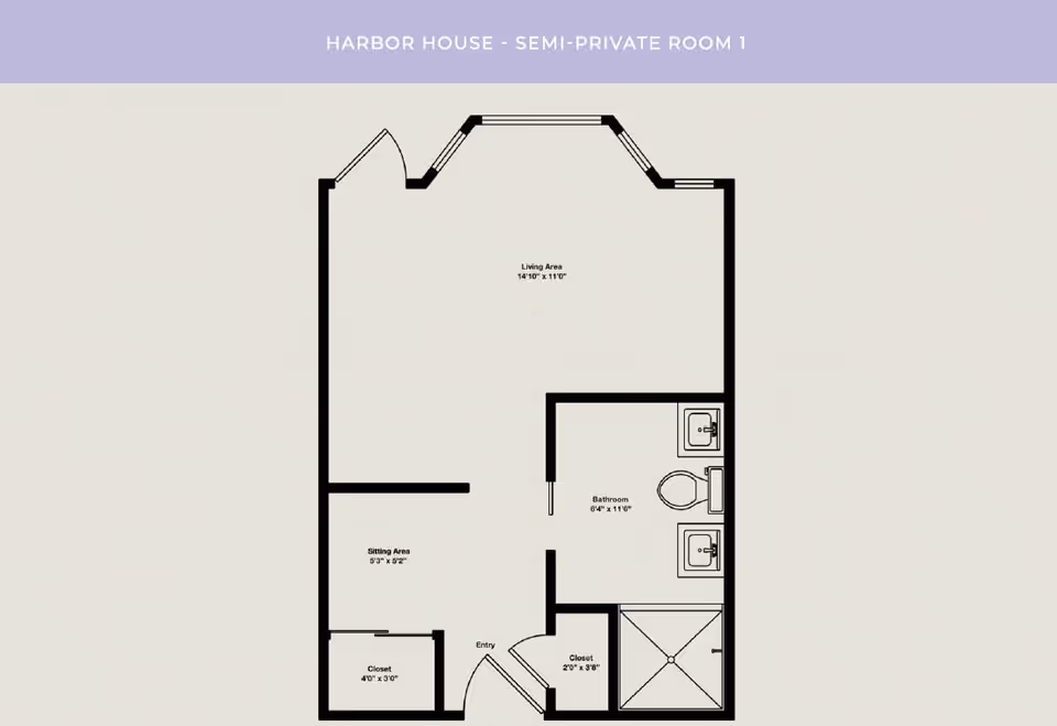 Floor plan layout of Harbor House semi-private room 1 showing a living area, sitting area, bathroom with two sinks and a toilet, two closets, and an entry door.