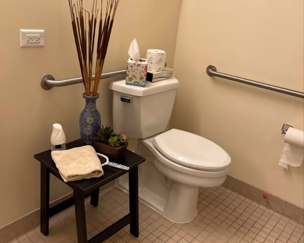 A small accessible bathroom showing a toilet with wall grab bars and a side table holding a towel, vase, tissues and decor.