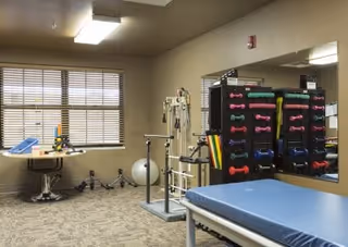 Therapy/exercise room with a treatment table, a rack of hand weights and exercise bands, stability ball, and a window.