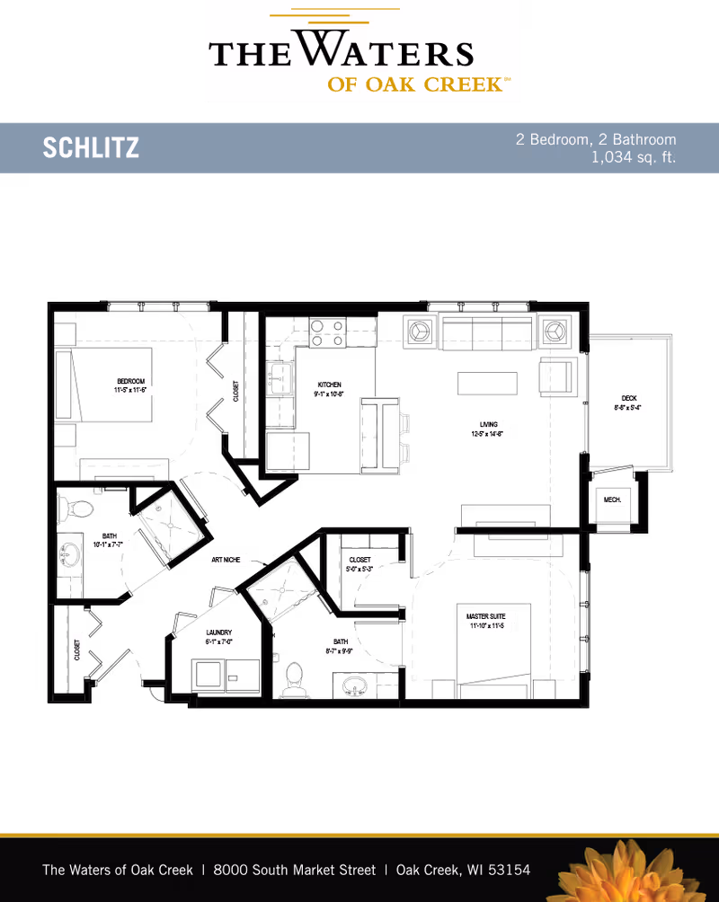 Floor plan titled 'Schlitz' for The Waters of Oak Creek showing a 2-bedroom, 2-bath apartment layout with logo and address.