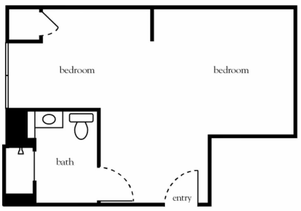 Floor plan layout showing two bedrooms, a bathroom with a sink and toilet, and an entry area.