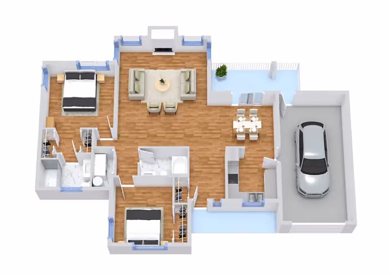 3D floor plan of a single-story home featuring two bedrooms, two bathrooms, a living room with seating and a coffee table, a dining area with a table and four chairs, a kitchen with appliances and a sink, and an attached garage with a car parked inside. The flooring is primarily wood with tiled bathroom floors, and there are multiple windows throughout the layout.