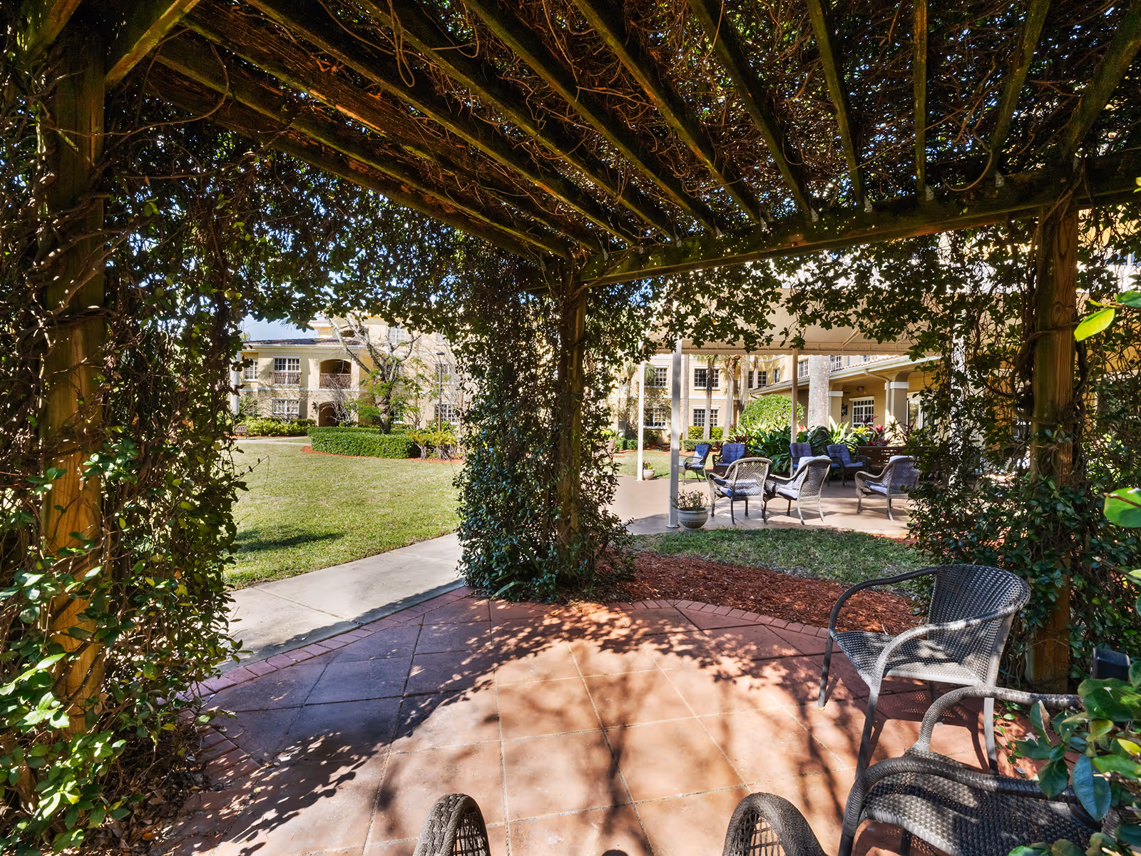 View from under a wooden pergola covered with vines, looking out onto a patio area with several chairs and tables surrounded by greenery and a well-maintained lawn, with a multi-story building in the background.
