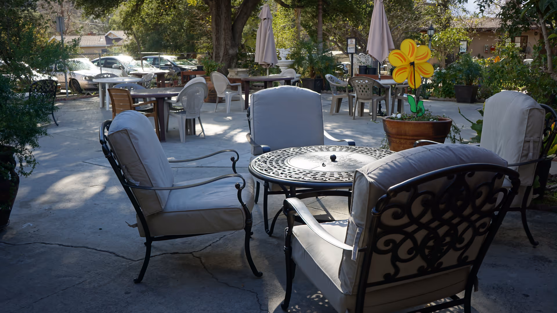 Outdoor patio area with several tables and chairs arranged for seating. The foreground features a round metal table with four cushioned chairs. In the background, there are more tables and chairs, some with umbrellas, surrounded by trees and greenery. A colorful yellow flower decoration is placed in a large pot near the seating area.