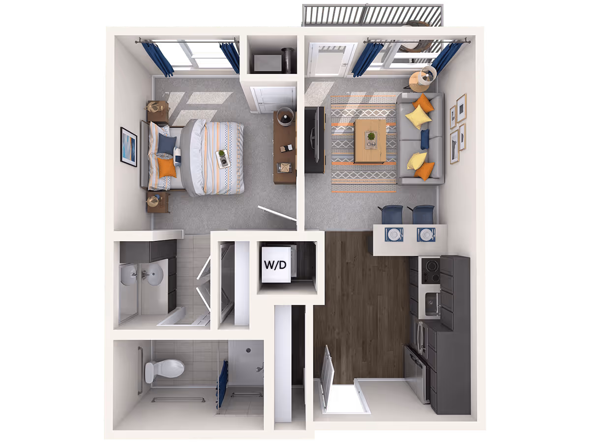 Top-down view of a one-bedroom apartment floor plan featuring a bedroom with a bed and nightstands, a living room with a sofa, coffee table, and TV, a kitchen with appliances and a breakfast bar with two chairs, a bathroom with a toilet and shower, and a washer/dryer closet.