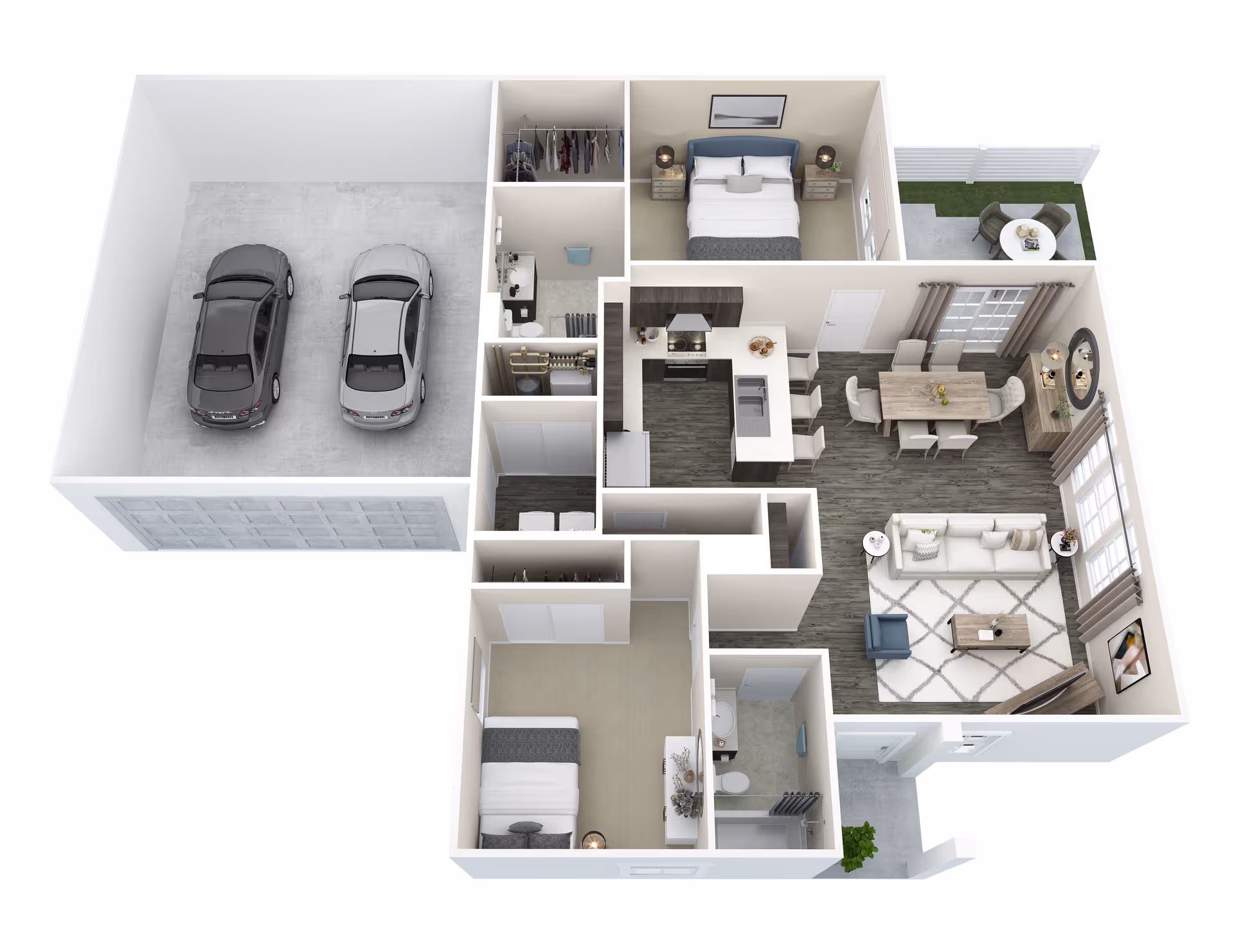 3D floor plan of a residential unit featuring two bedrooms, two bathrooms, a kitchen with an island and bar stools, a dining area with a table and six chairs, a living room with a sofa, armchair, coffee table, and TV, a two-car garage, and a small outdoor patio with a table and chairs.