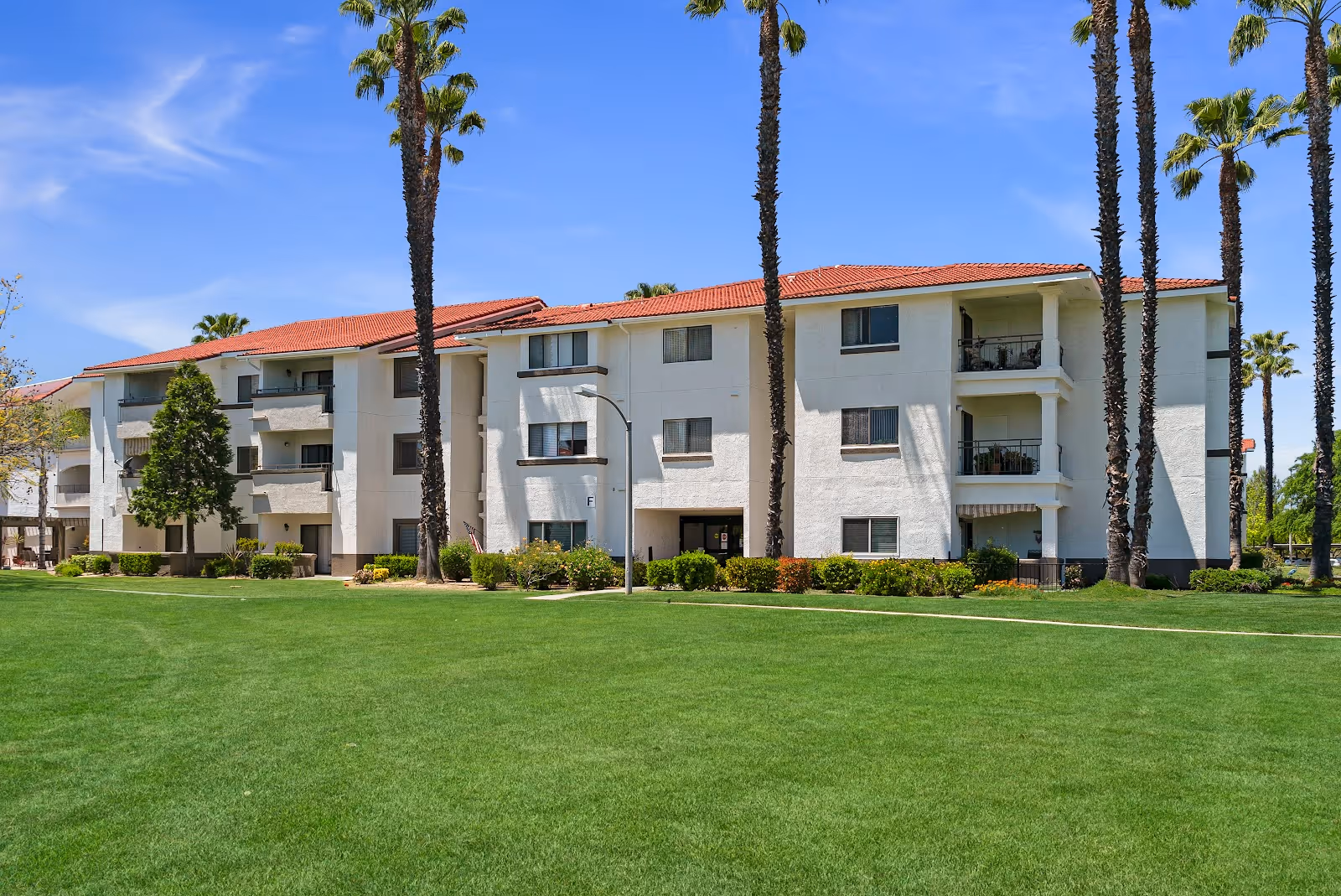 Exterior view of a three-story senior living facility building with white walls and red-tiled roof, surrounded by tall palm trees and a large green lawn under a clear blue sky.