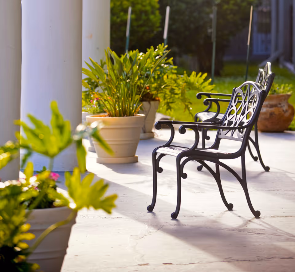 Two decorative metal chairs on a sunlit porch surrounded by potted plants.