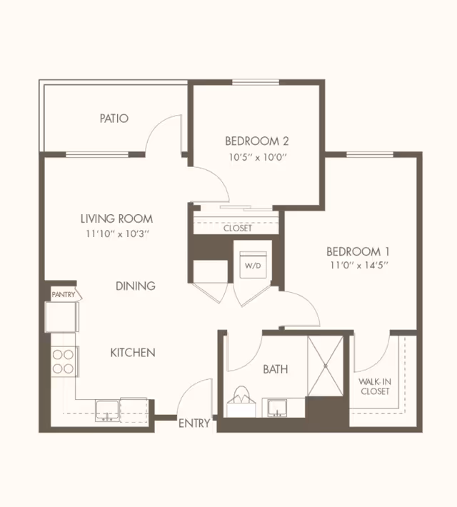 Floor plan of a two-bedroom apartment at Revel Palm Desert showing a living room, dining area, kitchen with pantry, patio, bathroom, walk-in closet, and washer/dryer area.