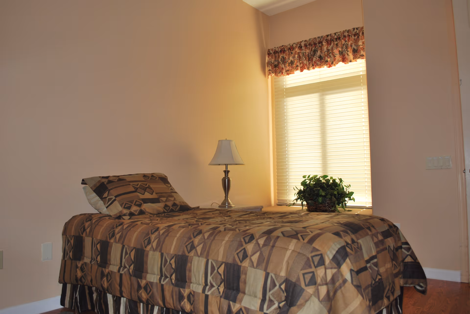 A small bedroom with a single bed covered in a brown patterned bedspread and matching pillow. Next to the bed is a nightstand with a silver lamp. A window with closed blinds and a floral valance is behind the bed, and a green potted plant sits on the windowsill. The walls are painted a light peach color.