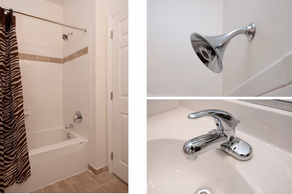 Collage of three images showing a bathroom with a bathtub and shower combination with a zebra-patterned shower curtain, a close-up of a chrome showerhead, and a close-up of a chrome faucet on a white sink.