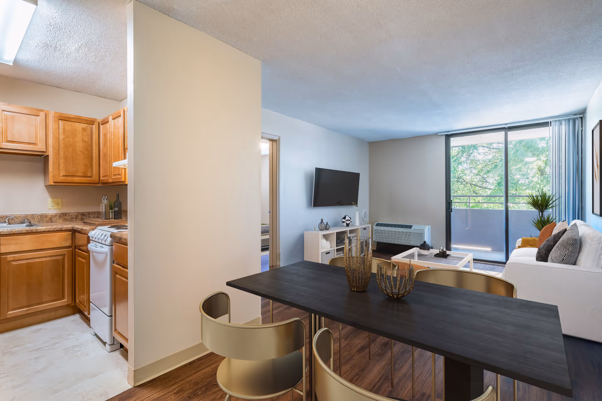 Open-plan apartment living and dining area with a kitchen to the left, dark dining table and chairs in the foreground, and a sofa, TV and sliding glass door to a balcony in the background.