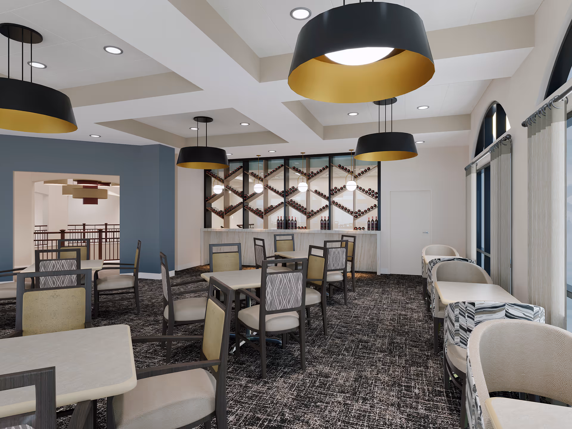 Spacious dining area with multiple tables and chairs, large pendant lights, and a wine display behind a bar.