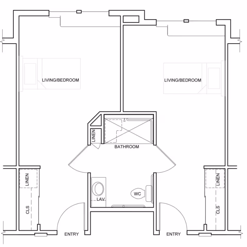 Architectural floor plan showing two adjacent living/bedroom units with a shared central bathroom. Each unit has an entry, closet labeled CLS, and linen storage. The bathroom includes a lavatory, water closet (WC), and a shower area.