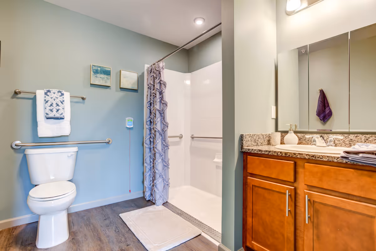 A clean and accessible bathroom featuring a white toilet with grab bars on the wall, a walk-in shower with a ruffled shower curtain and grab bars inside, a wooden vanity with a granite countertop and a large mirror above, and two framed pictures on the light green wall.