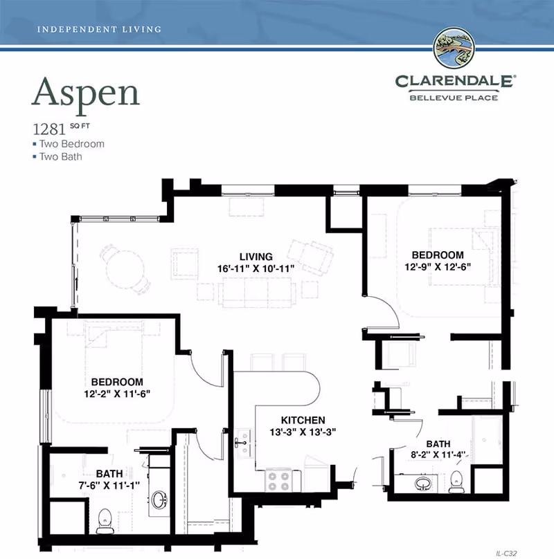 Floor plan of Aspen unit at Clarendale at Bellevue Place showing a two-bedroom, two-bathroom layout with labeled rooms including living room, kitchen, two bedrooms, and two bathrooms with dimensions.